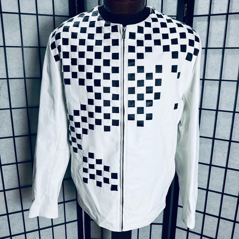 Jack Edwards Vintage White & Black Checkered Leather Jacket
